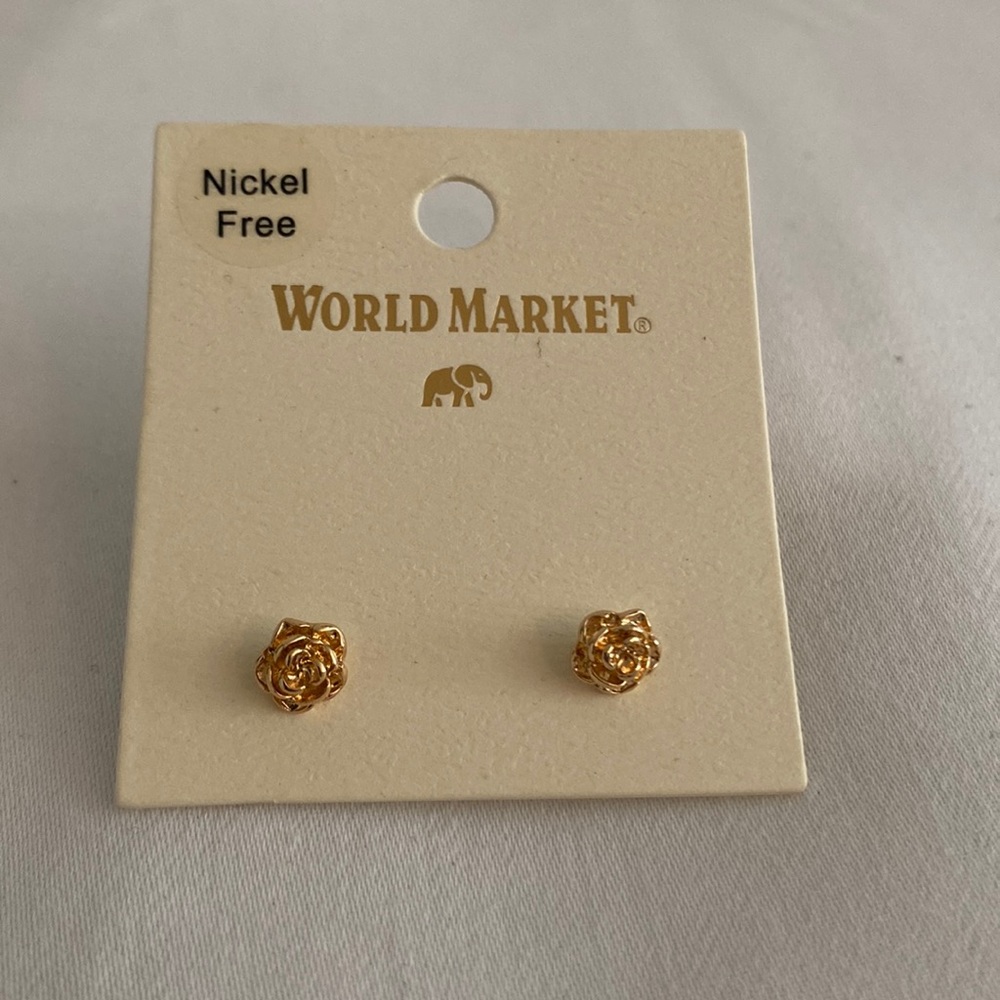 Brand New with tags, “World Market nickel free costume gold rose earrings”